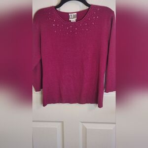 Vtg Clio L Rouge Pink 3/4 Slv SILK Blend Embellished Neckline Knit Women Sweater